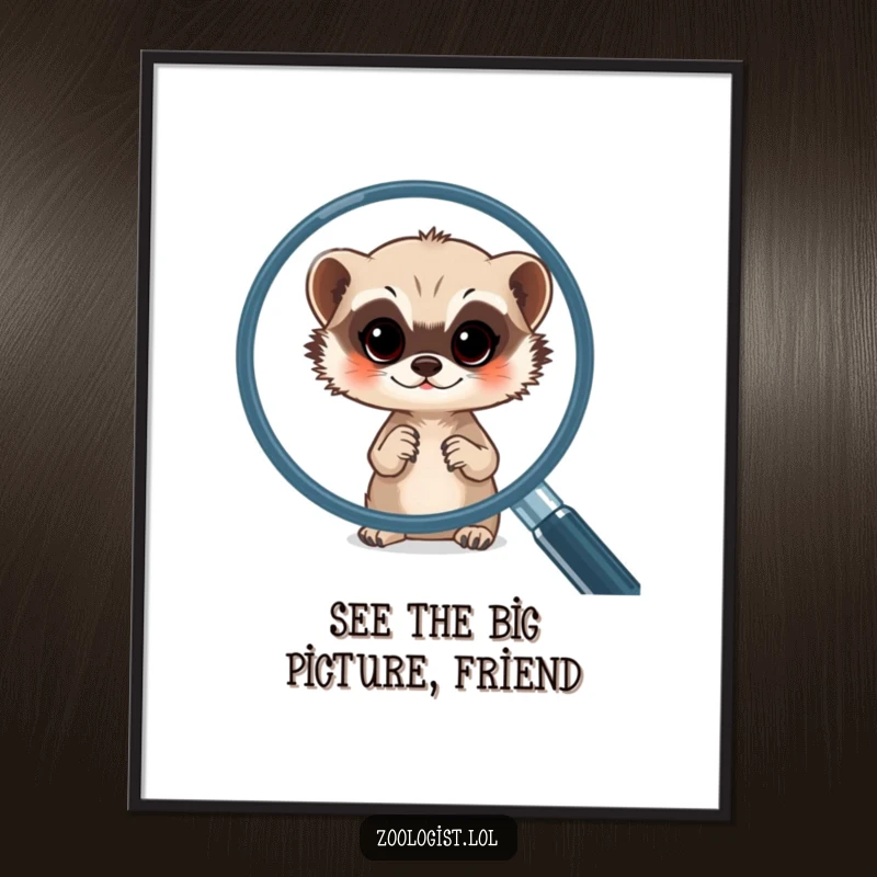 Funny Free Printable Wall Art: A meerkat peeking intensely through a large magnifying glass, exploring its surroundings.