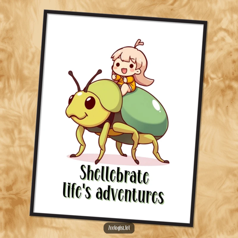 Funny Free Printable Wall Art of a character joyfully riding a massive, amiable beetle, bringing whimsical charm.