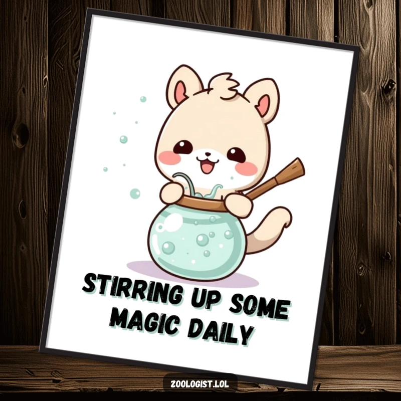 Funny Free Printable Wall Art: A cute animal character happily stirs a large, bubbling potion with a smile, creating magic.
