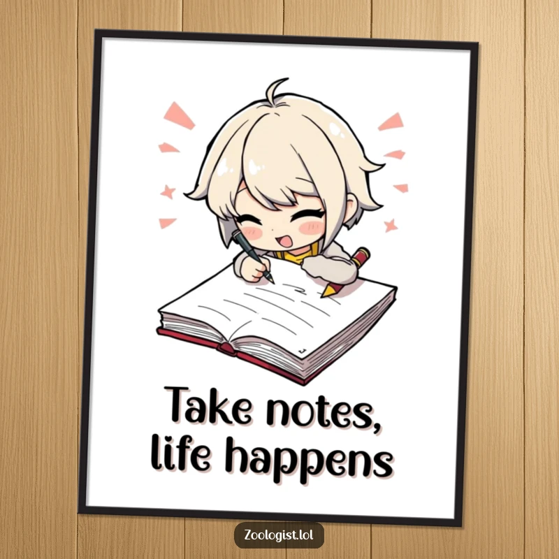 Funny Free Printable Wall Art: Character furiously scribbling notes in a large notebook with excitement, inspirational decor.