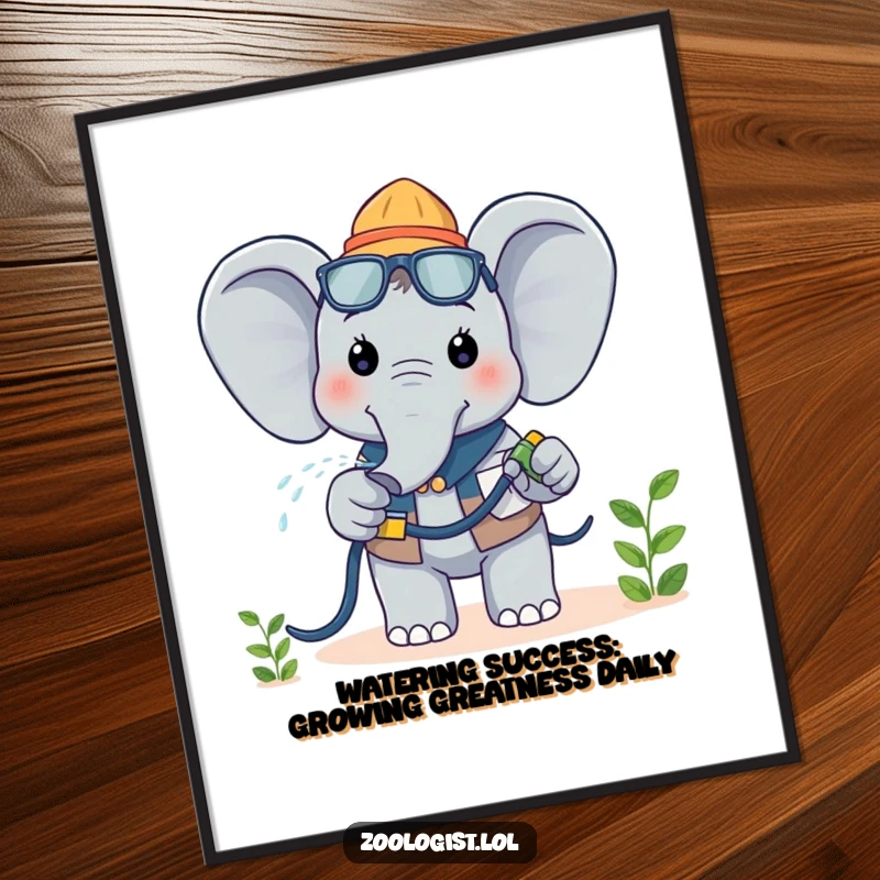 Funny Free Printable Wall Art of a cheerful Kawaii elephant zoologist gently watering a plant, bringing a touch of nature and humor indoors.