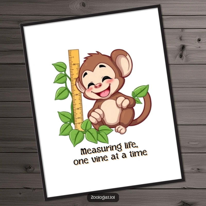 Funny free printable wall art: a giggling monkey humorously tries to measure the length of a dangling vine with a ruler.