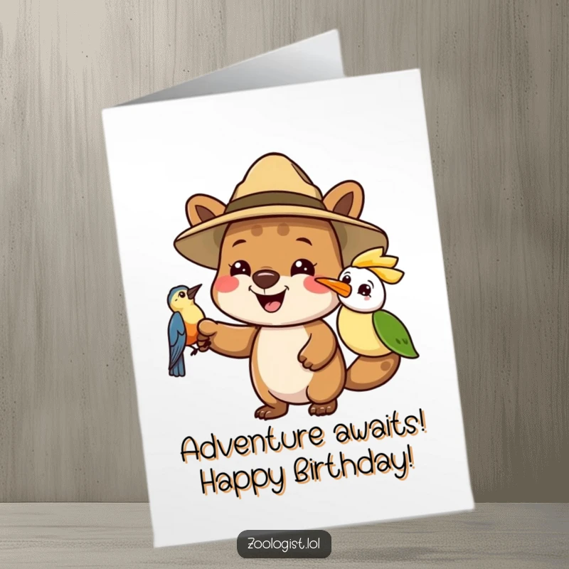 Funny free printable birthday card featuring a smiling animal in a safari hat pointing excitedly at a small bird.