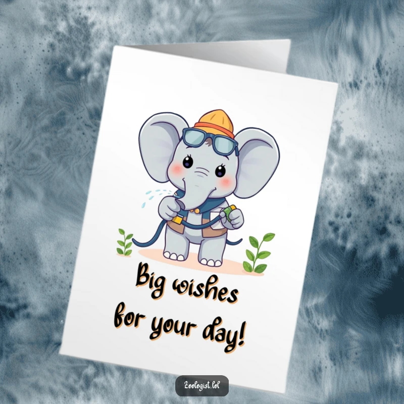 Funny Free Printable Birthday Card featuring a cheerful Kawaii elephant zoologist watering a plant, spreading birthday joy with a gentle spray.