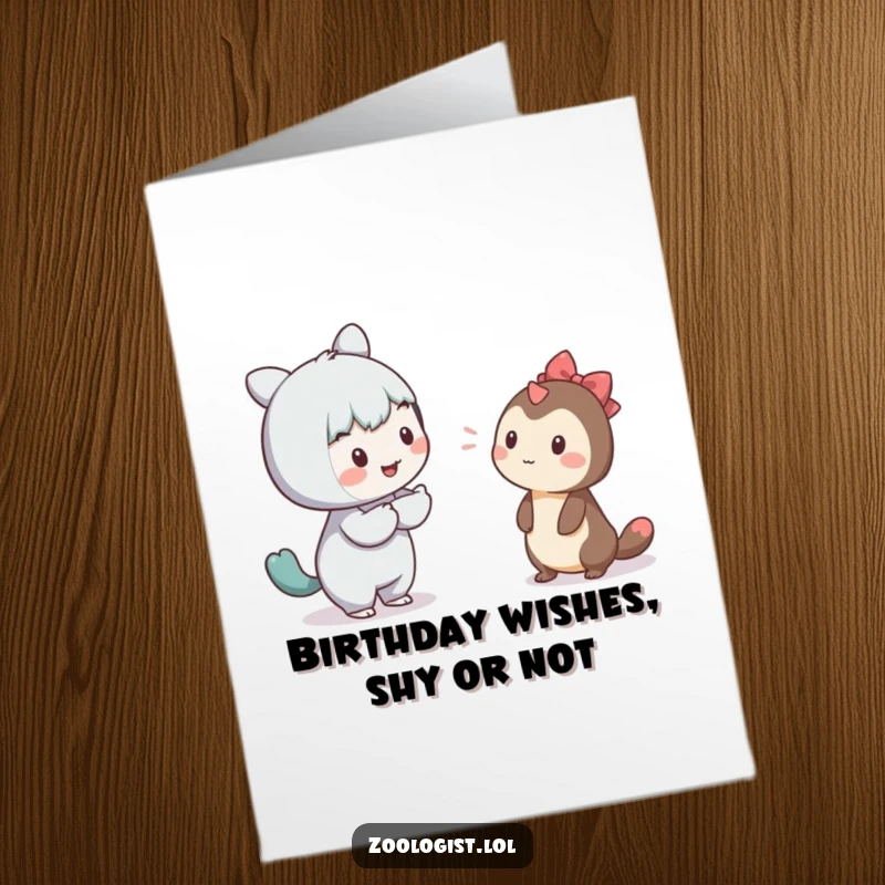 Funny Free Printable Birthday Card: Character attempts to communicate with a timid creature, offering downloadable birthday charm.