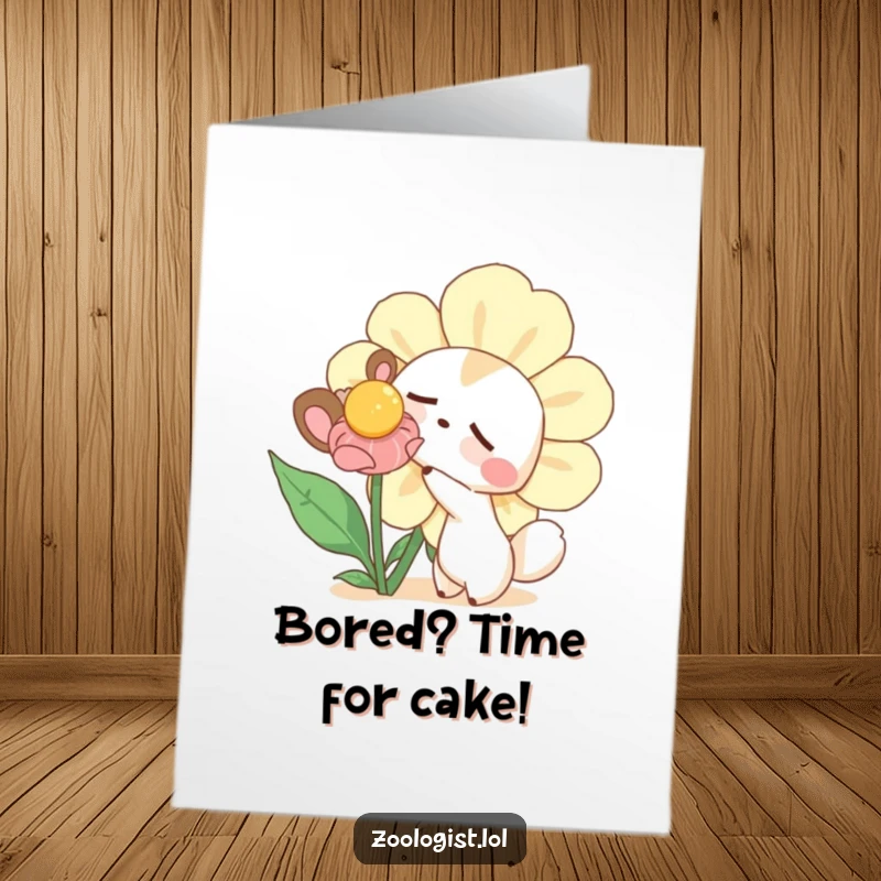 Funny Free Printable Birthday Card: Curious animal gently poking a giant, sleepy flower, bringing smiles and cheer.