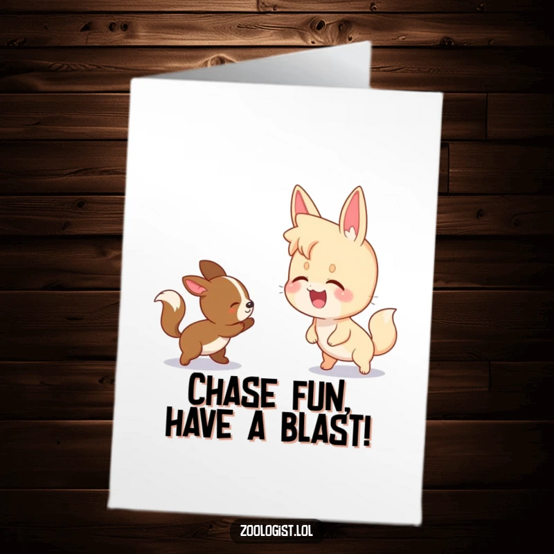 Funny Free Printable Birthday Card: Character giggles watching two animals in a delightful chase, offering downloadable birthday mirth.
