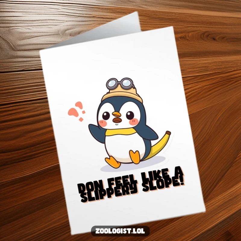 Funny Free Printable Birthday Card: Surprised Kawaii penguin zoologist character comically slipping on a banana peel.