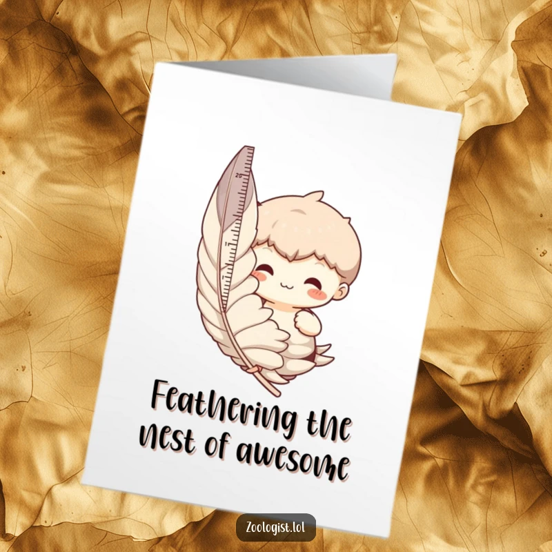 Funny Free Printable Birthday Card: Character comically measures a massive feather, bringing giggles with this DIY downloadable greeting.