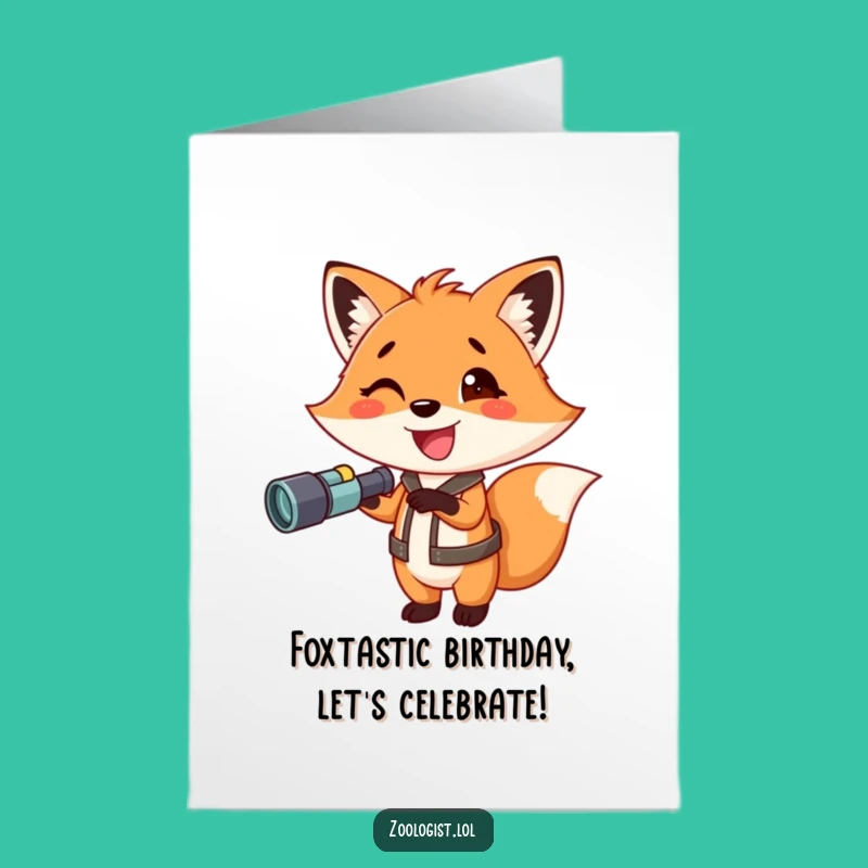 Free Printable Birthday Card: Excited Fox with Binoculars - Downloadable Funny Gift