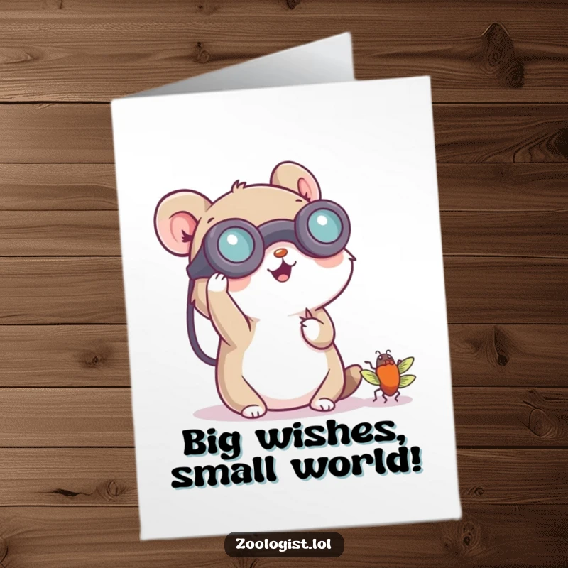 Funny Free Printable Birthday Card: Small animal cheerfully using binoculars to inspect a tiny bug for a birthday.
