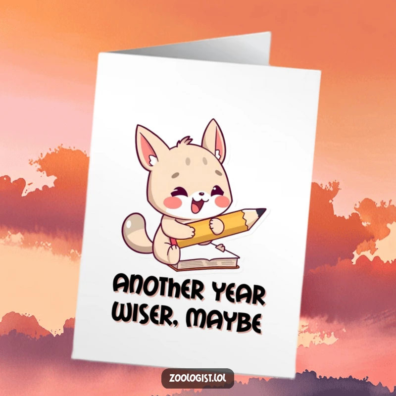 Funny Free Printable Birthday Card: Eager animal scribbling notes with a gigantic pencil, celebrating a birthday.