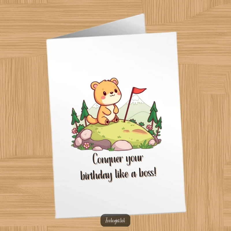 Funny Free Printable Birthday Card: Cheerful animal holding a flag, surveying a landscape victoriously.