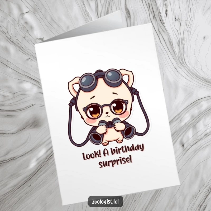 Funny Free Printable Birthday Card: Character wearing binoculars around their neck, looking curiously at birthday cake.