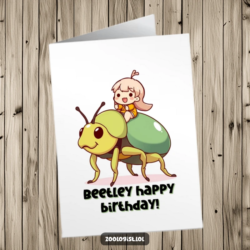 Funny Free Printable Birthday Card featuring a character joyfully riding a giant, friendly beetle on a special day.