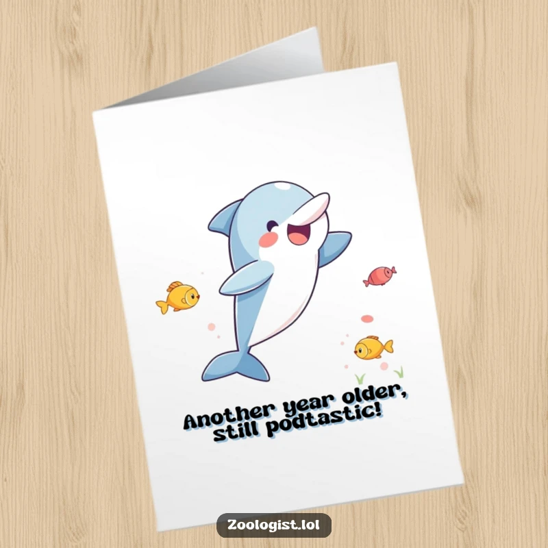 Funny Free Printable Birthday Card: Excited dolphin mid-leap, spotting a school of fish, ready to party.