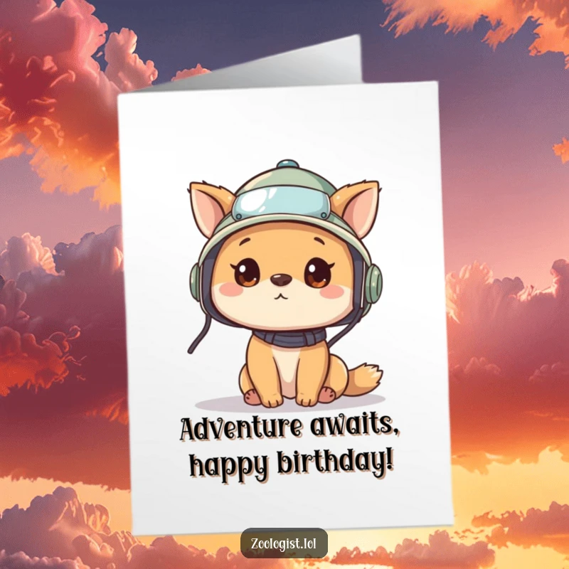 Funny Free Printable Birthday Card: cute animal character wearing a pith helmet and looking around curiously, ready for adventure.