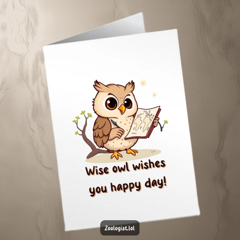 Funny free printable birthday card: Cheerful owl with glasses intently sketching a savanna map, ready to guide your celebrations.