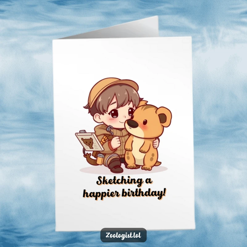 Funny Free Printable Birthday Card: Character happily sketching an animal in a detailed nature field guide with focus.