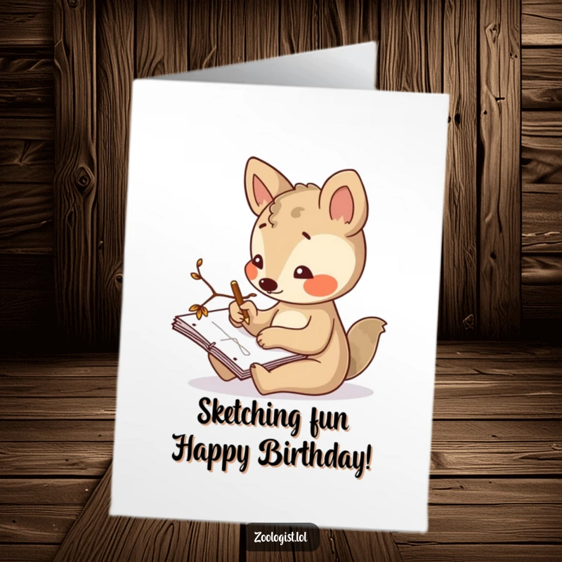 Funny free printable birthday card showing a cute animal artist sketching with a twig in a notepad.