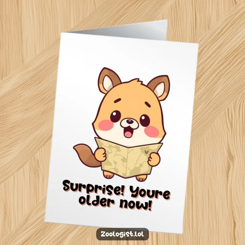 Funny Free Printable Birthday Card showing a cute animal looking utterly surprised while staring at a map.