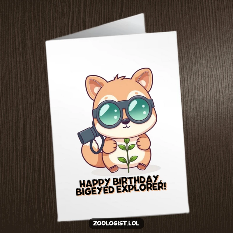 Funny Free Printable Birthday Card: cute animal zoologist with huge binoculars studying a tiny plant, celebrating.