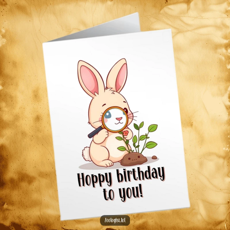 Funny free printable birthday card: A cute rabbit curiously examines a plant with a magnifying glass, celebrating a birthday.