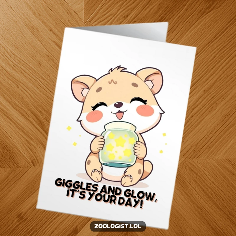 Funny Free Printable Birthday Card: Cute animal giggling gleefully holding a glowing jar of fireflies, ready for a birthday surprise.