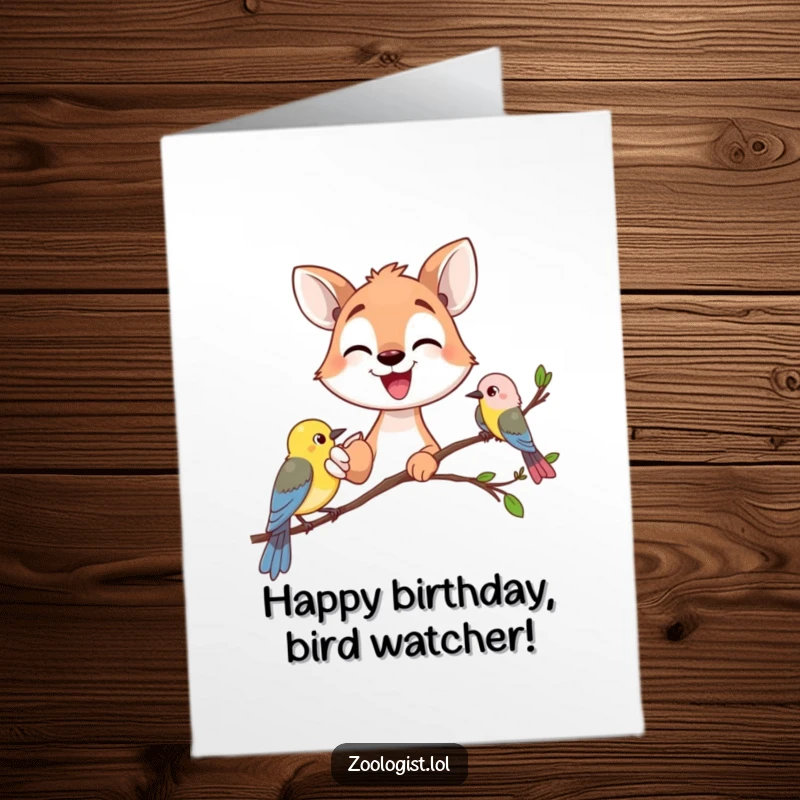Funny Free Printable Birthday Card: happy animal gazer pointing excitedly at a small bird on a branch, celebrating.