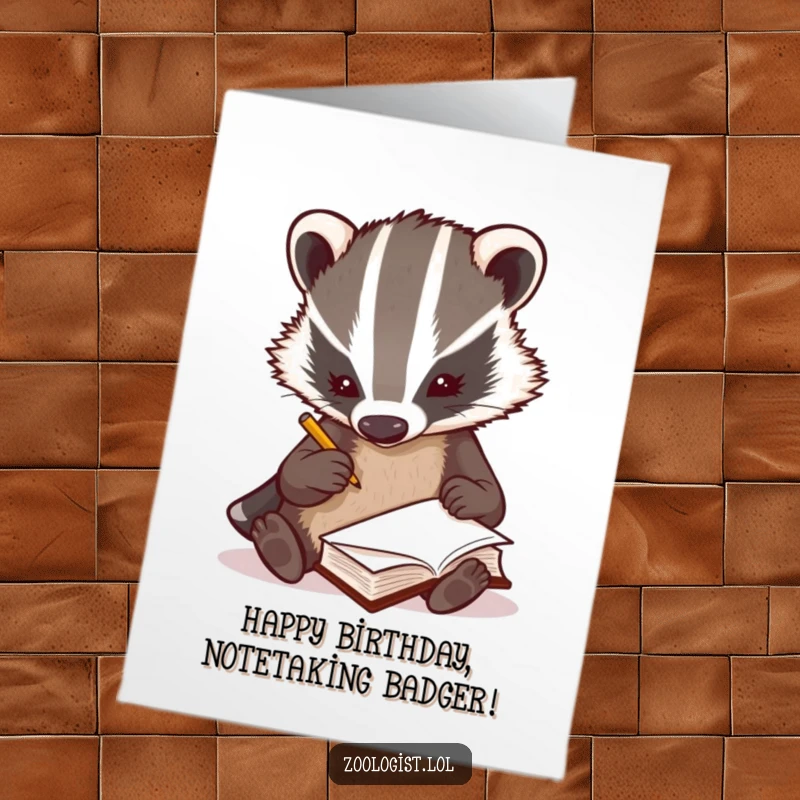 Funny Free Printable Birthday Card: curious badger zoologist scribbling fast notes in a tiny book, celebrating.