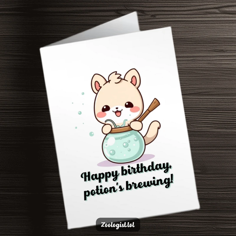 Funny Free Printable Birthday Card: Cute animal character happily stirs a bubbling, mystical potion with a cheerful expression.