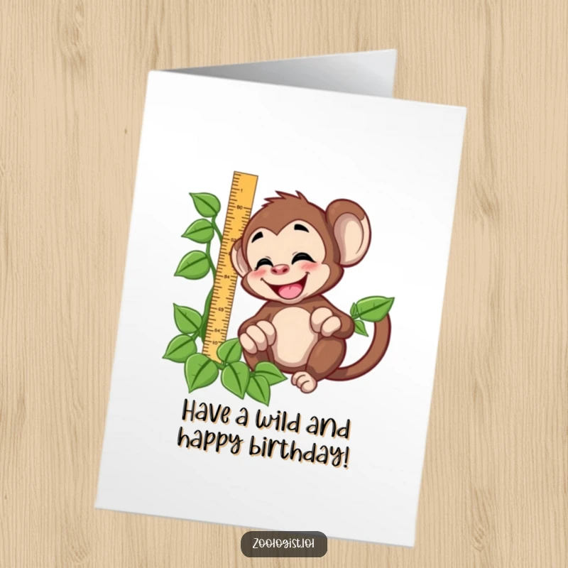 Funny free printable birthday card: a giggling monkey attempts to measure a vine with a ruler, celebrating a birthday.
