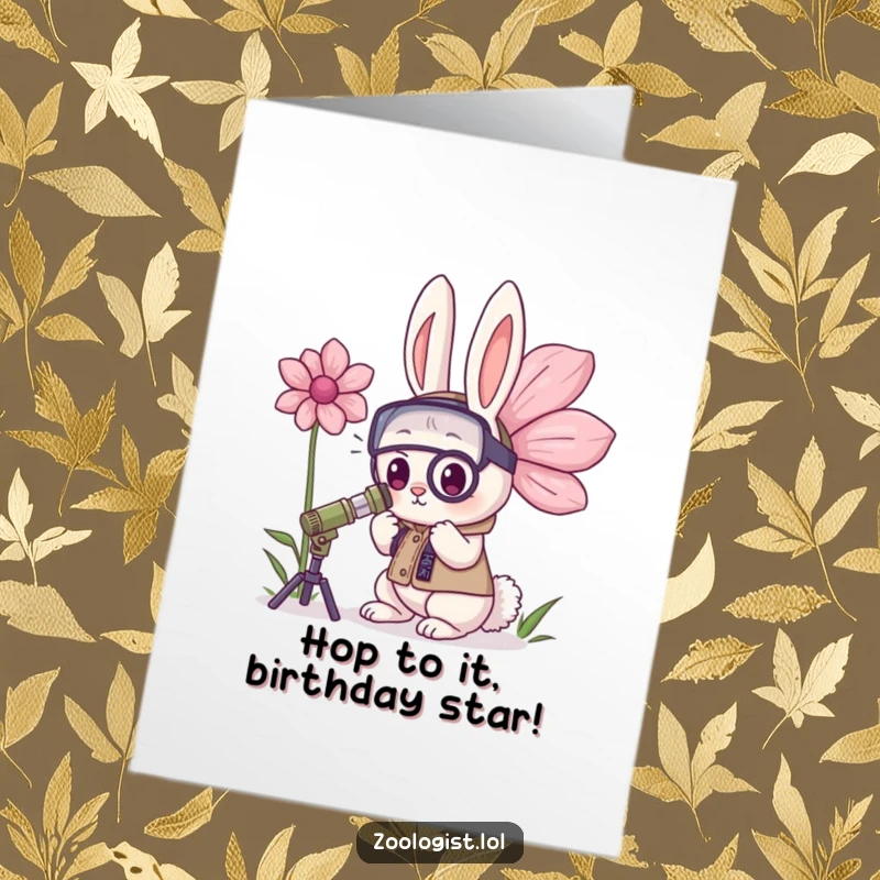 Funny Free Printable Birthday Card featuring a determined Kawaii rabbit zoologist intensely studying a massive flower, ready to bring birthday cheer.