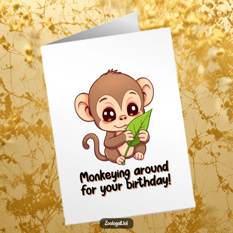 Funny Free Printable Birthday Card: Curious monkey with wide eyes intently inspecting a leaf, celebrating a birthday with nature's wonders.