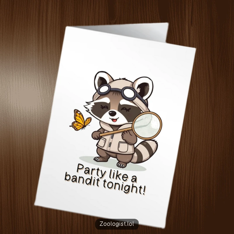 Funny free printable Kawaii raccoon zoologist gleefully chasing a butterfly with a net, ready to party.