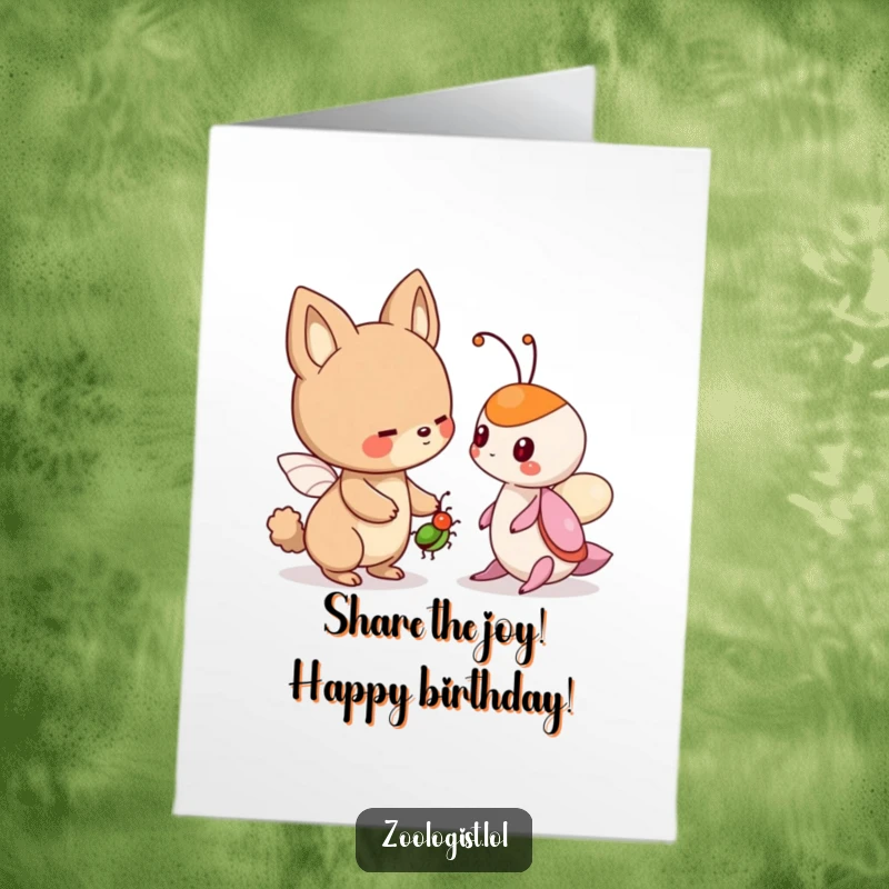 Funny Free Printable Birthday Card: Cute animal character offering a friendly bug to another creature, sharing a treat with humor, for download.