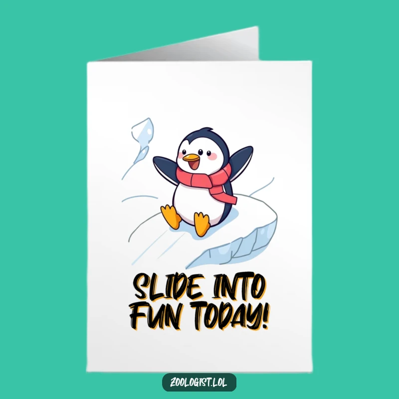 Free Printable Birthday Card: Cheerful Penguin Zoologist, Funny Slide-into-fun Gift