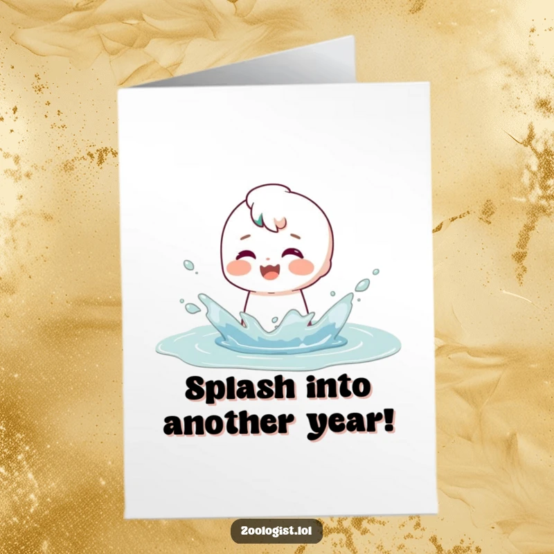 Funny Free Printable Birthday Card: Character gleefully splashes in a puddle with a big, satisfied grin, joyful art.