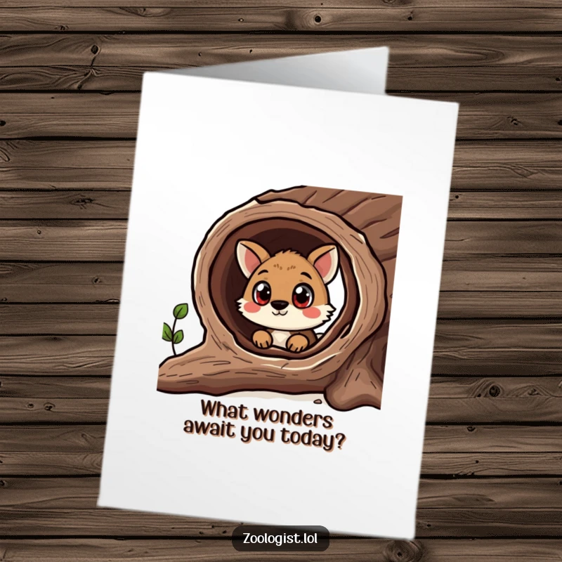 Funny Free Printable Birthday Card: Curious animal peeking into a log, eyes wide with wonder.