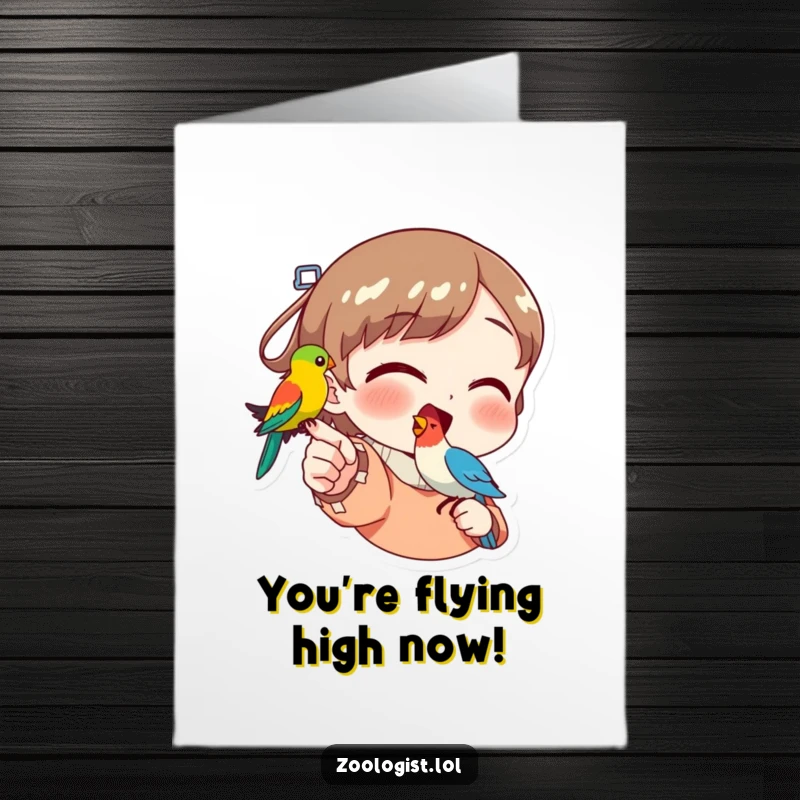 Funny Free Printable Birthday Card: Excited character shows off a vibrant bird sitting on their finger, cheerful art.