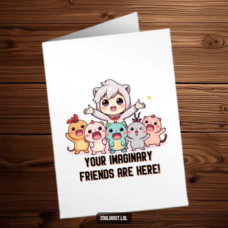 Funny Free Printable Birthday Card: Character enthusiastically gestures to a crowd of unseen, excitable imaginary creatures, spreading joy.