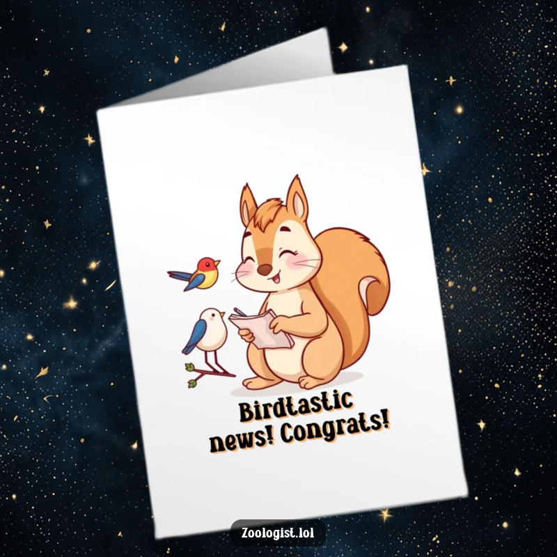 Funny free printable congratulations card: A happy squirrel focused on taking notes while watching a bird, celebrating an achievement.