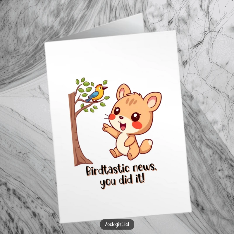 Funny Free Printable Congratulations Card: Joyful animal character pointing excitedly at a bird in a tree, celebrating with exuberant energy.
