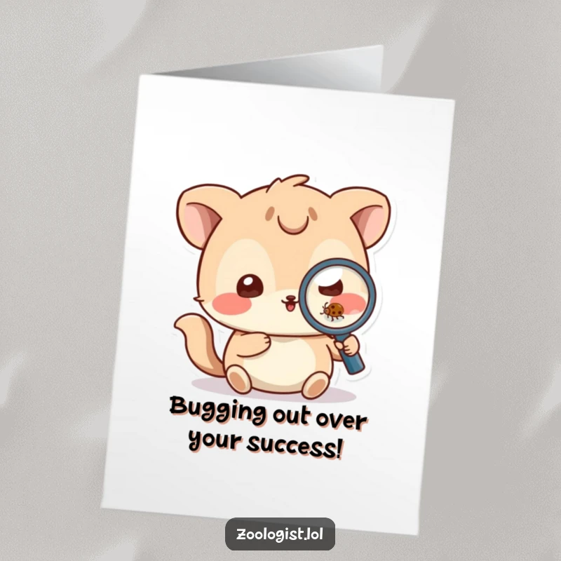 Funny Free Printable Congratulations Card: Animal with magnifying glass intently examining a small bug, a humorous take on discovery.