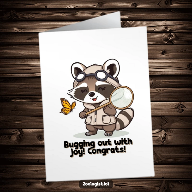 Funny free printable Kawaii raccoon zoologist triumphantly holding a net with a butterfly inside, celebrating success.