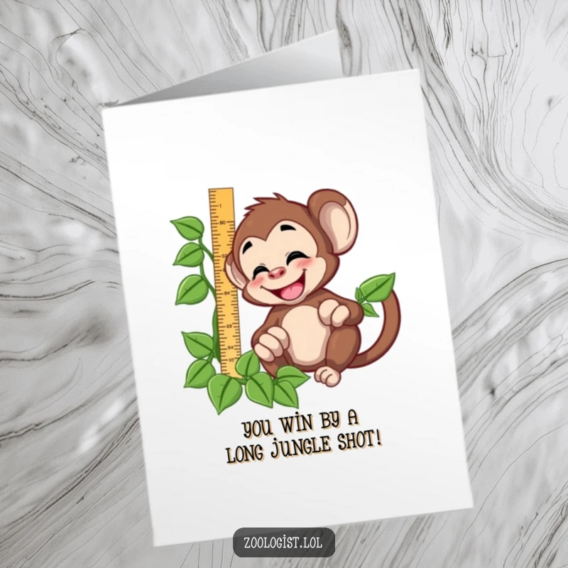 Funny free printable congratulations card: a monkey laughs while trying to measure a vine with a ruler, congratulating success.
