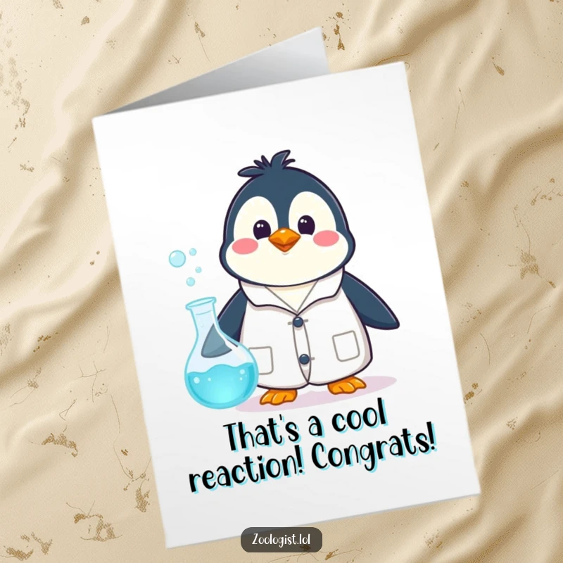 Funny free printable congratulations card: a penguin scientist in a lab coat is surprised by a bubbling beaker, celebrating achievement.