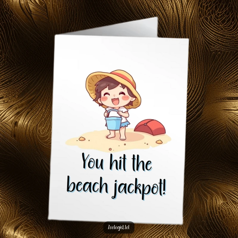 Funny Free Printable Congratulations Card: Joyful character with a tiny bucket and spade on a large beach, celebrating an event.