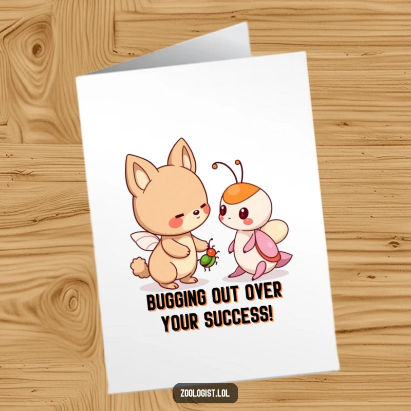 Funny Free Printable Congratulations Card: Cute animal character offering a bug to another creature, a friendly gesture celebrating success via download.
