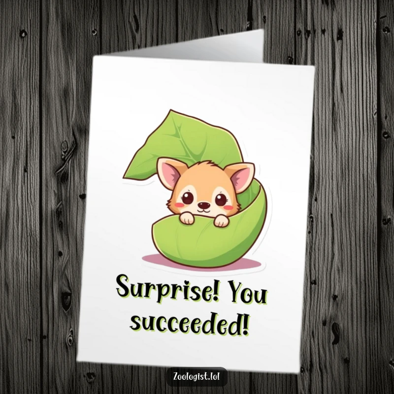Funny Free Printable Congratulations Card: Curious animal character peeking from behind a giant leaf, hinting at good news.